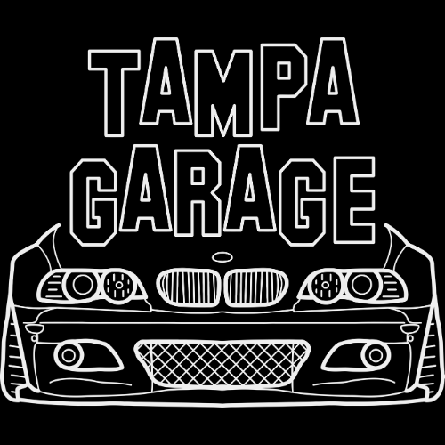 The Tampa Garage Logo - A stenciled E46 BMW 3-series front end with the words 'Tampa Garage' above it, all in white, against a black background.